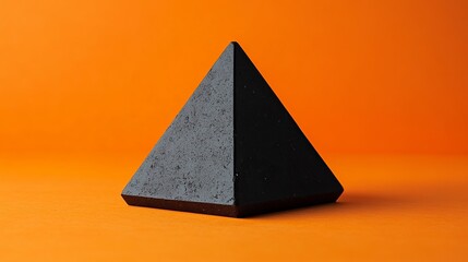 Fototapeta premium Abstract black pyramid shape on vibrant orange background minimalist geometric design studio art form