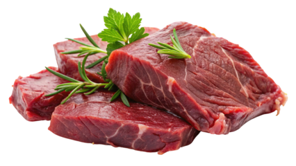 Fresh raw beef meat steaks with rosemary and parsley on black background
