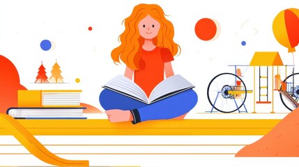 Girl Reading a Book in the Park, Vector Illustration