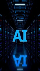 A server  filled room with glowing AI in the center, bathed in blue  hued lighting. 