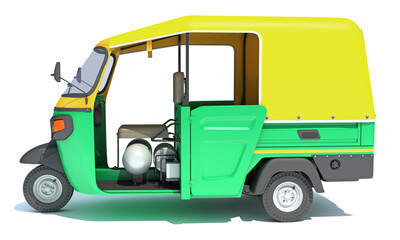 Auto Rickshaw Bajaj TukTuk 3D rendering on white background