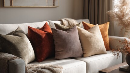 Fall-toned throw pillows on a light beige sofa