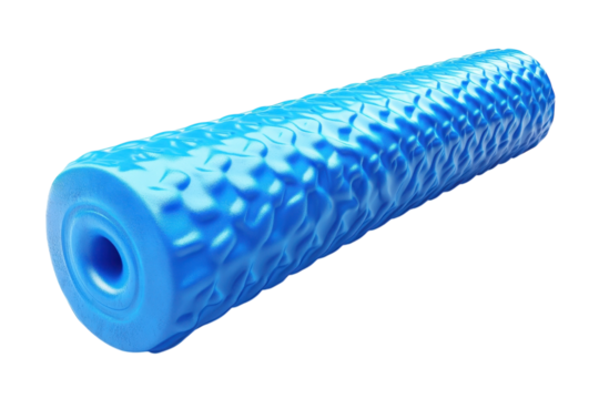 Relieving muscle tension with a vibrant blue textured foam roller for self myofascial release on transparent background