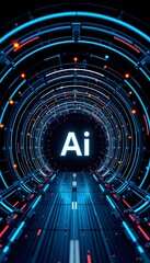 A futuristic tunnel  like structure with the AI symbol at its end, surrounded by glowing blue and red lights. 
