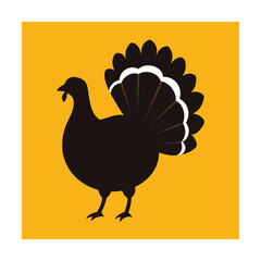 Simple illustration of a black turkey with tail feathers on a yellow background for thanksgiving