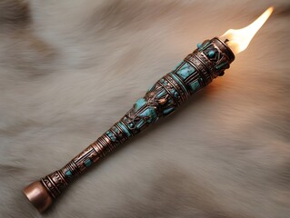 Copper turquoise decorative torch on smooth surface inspires artisanal craftsmanship elegant interior modern lighting design
