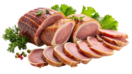 Delicious sliced ham arrangement with fresh green garnish on a black background