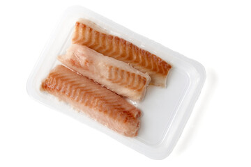 quick shock frozen cod fillet in vacuum packaging isolated on white background