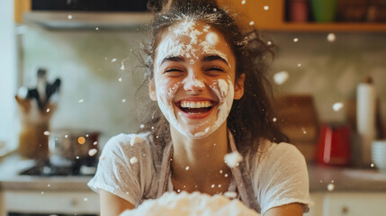 Playful Woman with Flour on Her Face in Kitchen - Joyful Baking Moment