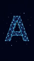 A blue, wire  frame letter "A" with glowing points, set against a dark, star  dotted background. 