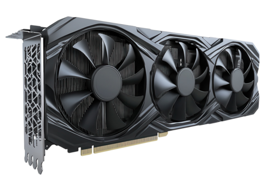 Unveiling a sleek black graphics card designed for high performance gaming and intricate on transparent background