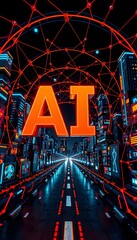A neon  lit AI stands out against a cyber  cityscape with network lines and a road stretching into the distance. 