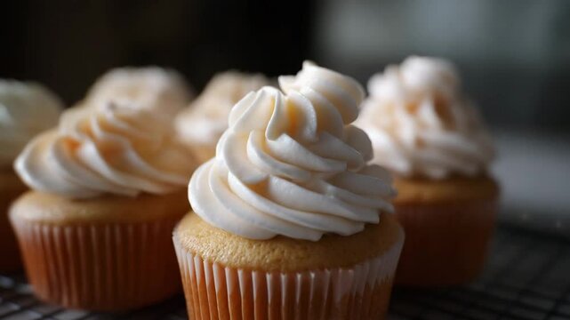 Close-Up of Frosting Being Piped onto Soft Cupcakes with a Mirrorless Camera in 4K Resolution