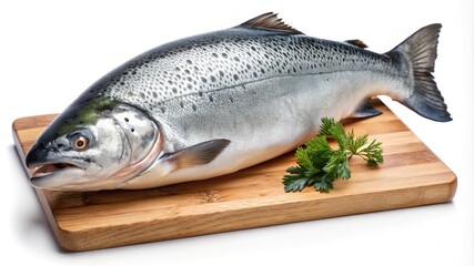 Fresh whole salmon resting on a wooden cutting board with garnish