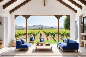 Fototapeta premium Bright Cape Dutch living room with white walls, wood beams, blue cushions, and a vineyard painting. Large windows show lush grape fields outside.