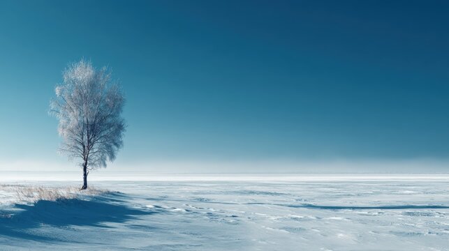 Solitary frost-covered tree on a vast snowy expanse. - Powered by Adobe
