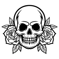 A haunting black and white illustration showcases a skull embraced by delicate roses, a timeless symbol of the contrast between life and death.