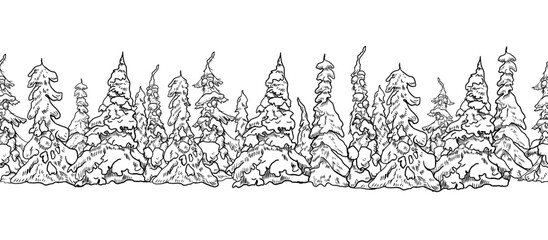 Seamless border with snowy pine trees, hand drawn black white outline vector illustration. Monochrome winter forest design with fir and spruce silhouettes for Christmas stationery, New Year cards.