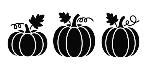 Three Simple Black Silhouettes of Pumpkins with Leaves