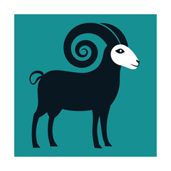 Stylized illustration of a ram showing black silhouette with white face and teal background