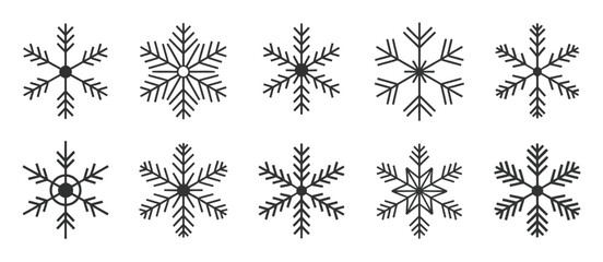 Ten Unique Black Outline Snowflakes Winter Design Elements