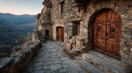 Stunning mountain village with ancient stone architecture and wooden doors during golden hour