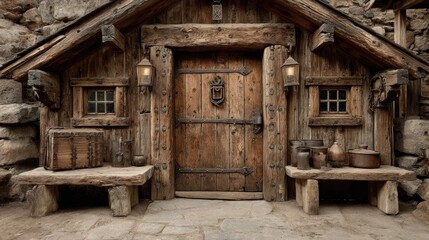 Rustic wooden cabin with sturdy door and antique decorations in a historic village setting