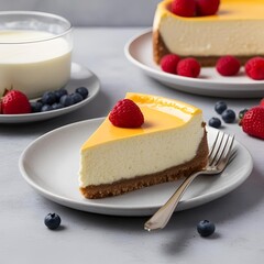 Classic cheesecake with raspberry served on a plate