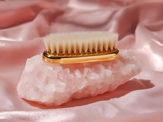 Upgrade grooming ritual with gold plated beard brush resting on pale rose quartz slab luxury