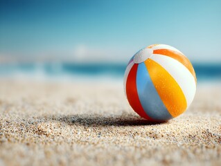 Striped beach ball on sandy shore background evokes summer fun with vibrant colors for beachside adventures
