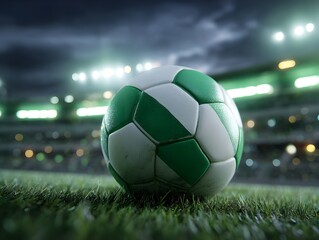 Naklejka premium Capture Moment With Soccer Ball Resting On Pitch Under Stadium Lights For Dramatic Sports Photography