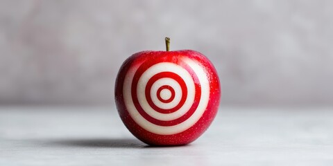 A red apple with a white target painted on its surface sits on a light, neutral background.