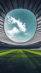 Fototapeta premium Aerial view of football stadium with green grass and blue sky perfect for sports and event photography