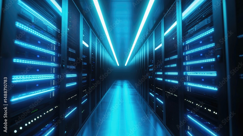 Poster high-tech data center corridor with glowing blue servers and reflective flooring, illuminated by bri