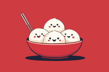 Cute cartoon dumplings in red bowl with happy faces and chopsticks on red background