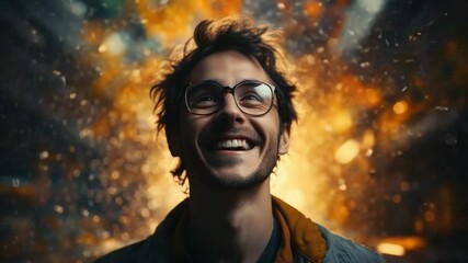 In an urban backdrop, a young man beams with excitement, surrounded by dynamic lights and swirling colors that celebrate creativity and inspiration. His joy signifies a moment of pure triumph
