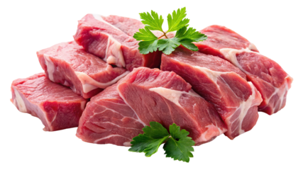 Fresh uncooked cubed pork shoulder meat piled on black with parsley garnish