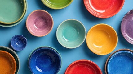 Colorful ceramic bowls arranged on a vibrant blue background