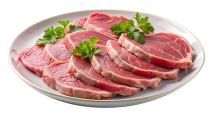 Fototapeta premium Freshly Sliced Raw Meat on a Plate Garnished with Parsley Sprigs