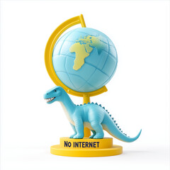 No internet banner with 3d side view dinosaur and globe icon flat on white background.