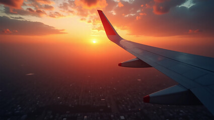 Bird's Eye View of Cityscape from Plane Window at Sunset with Cinematic Lighting and Vivid Landscape