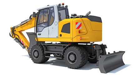 Naklejka premium Excavator heavy construction machinery 3D rendering on white background