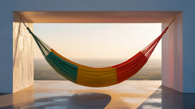 A minimalist architectural photograph of a large curved hammock suspended in a white rectangular opening