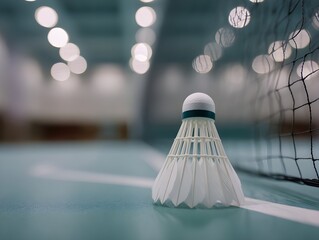 Capture shuttlecock resting on crisp badminton court lines before intense competitive professional match play begins