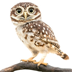 Fototapeta premium Small spotted owl with large eyes perched on branch nocturnal