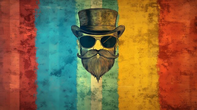 A classic outline of a top hat, mustaches, monocle, and bow tie is presented in contemporary illustration, featuring shadows and backgrounds on separate layers for simplified editing