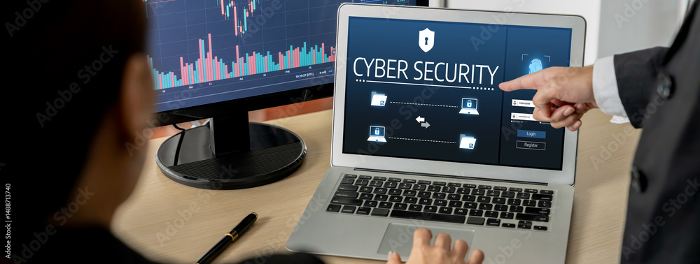 Poster cyber security system on computer screen protect private information brisk from hacker and cyber att