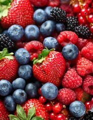 Fresh assortment of strawberries, raspberries, blueberries, and blackberries with mint leaves, vibrant colors, healthy and delicious mix of summer berries.