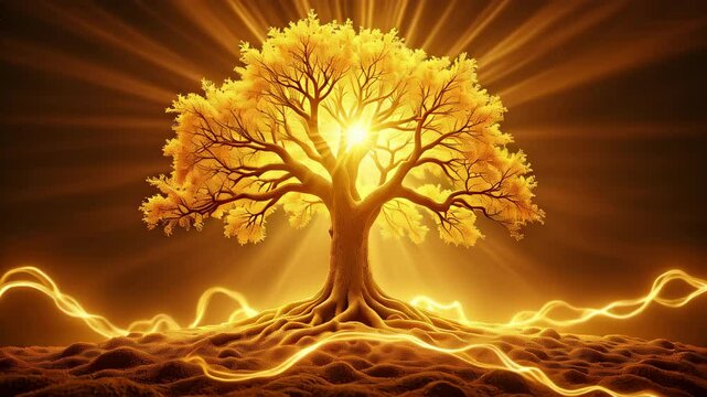Majestic tree glowing with golden light against a radiant background  