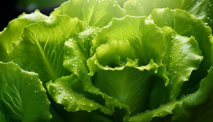 Fresh green lettuce leaves with morning dew droplets, vibrant and crisp, perfect for healthy salads and natural food presentations in bright natural light.